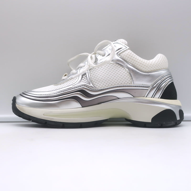 Chanel CC Runner Sneakers Silver Leather &amp; White Mesh Size 36