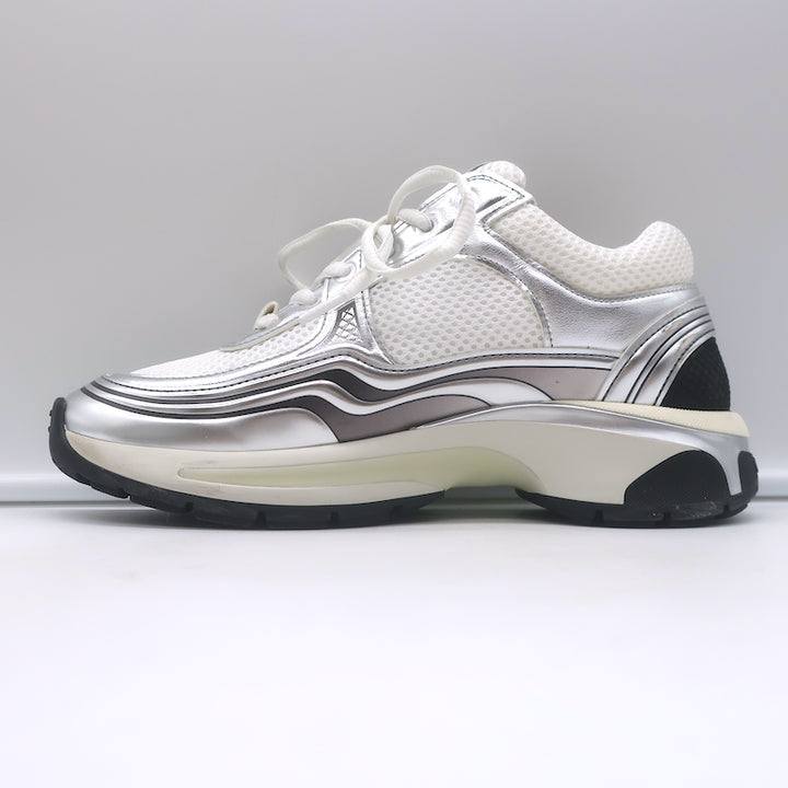 Chanel CC Runner Sneakers Silver Leather &amp; White Mesh Size 36