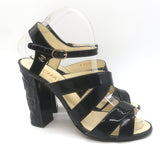 Chanel 2016 Floral-Heel Crisscross Sandals Black Patent Leather Size 38.5