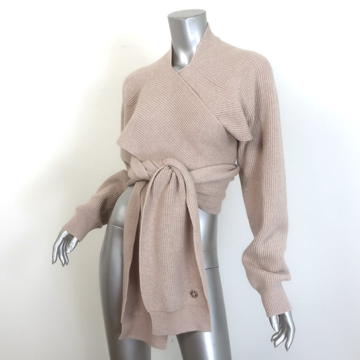 Hermes Cashmere Cropped Wrap Sweater Beige Ribbed Knit Size 42
