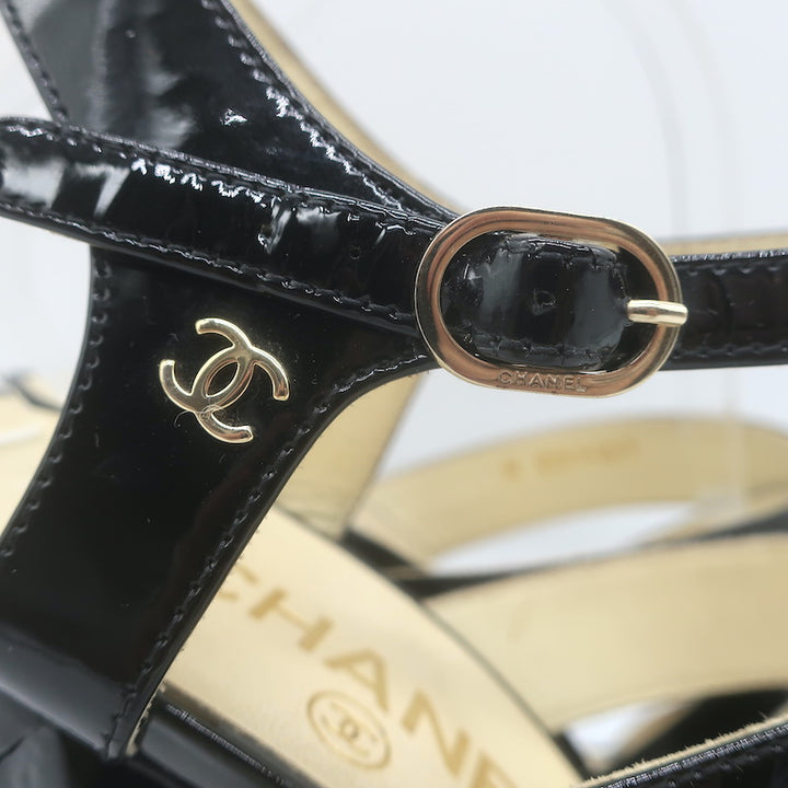 Chanel 2016 Floral-Heel Crisscross Sandals Black Patent Leather Size 38.5