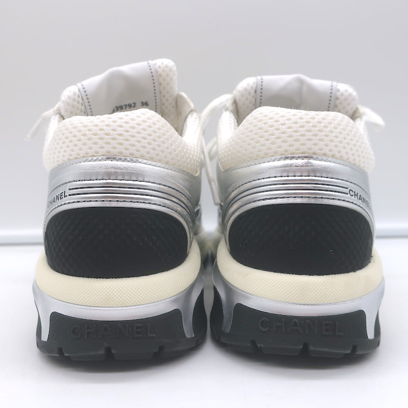 Chanel CC Runner Sneakers Silver Leather &amp; White Mesh Size 36
