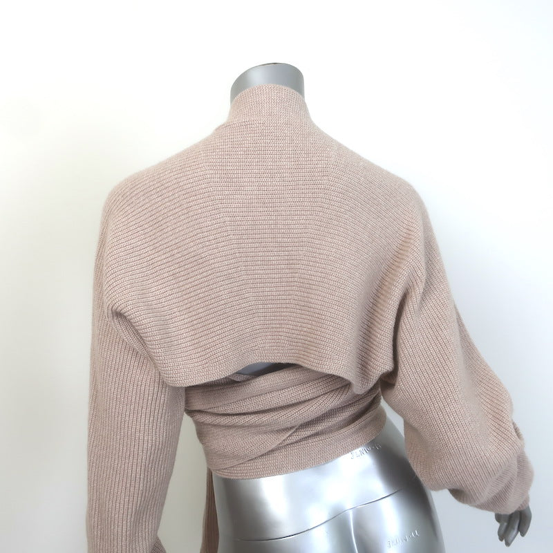 Hermes Cashmere Cropped Wrap Sweater Beige Ribbed Knit Size 42