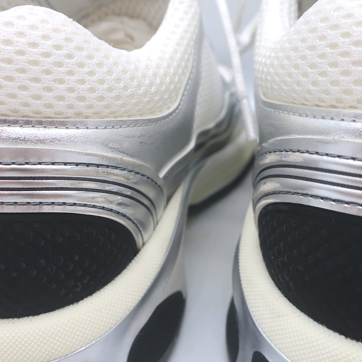Chanel CC Runner Sneakers Silver Leather &amp; White Mesh Size 36