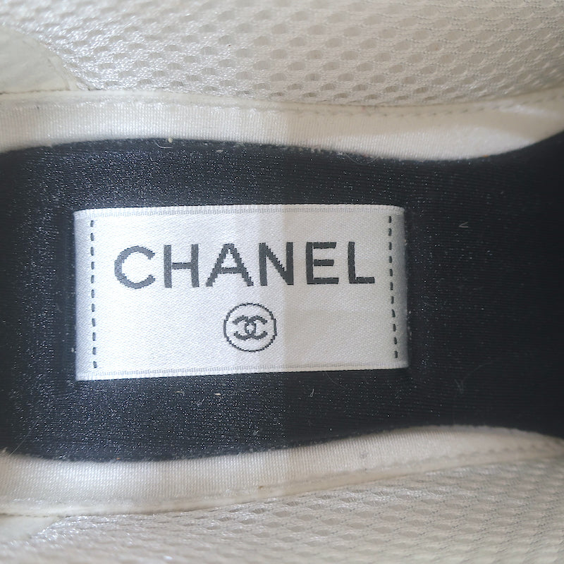 Chanel CC Runner Sneakers Silver Leather &amp; White Mesh Size 36