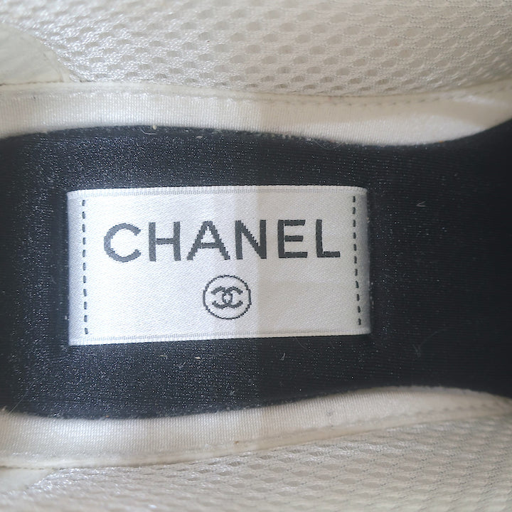 Chanel CC Runner Sneakers Silver Leather &amp; White Mesh Size 36