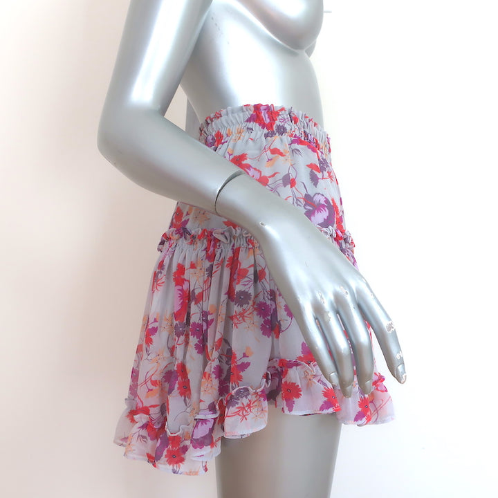 MISA Marion Ruffle Mini Skirt Gray/Multi Floral Print Chiffon Size Small