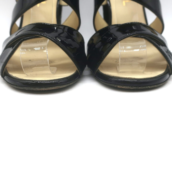 Chanel 2016 Floral-Heel Crisscross Sandals Black Patent Leather Size 38.5