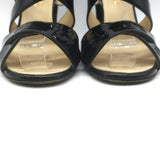 Chanel 2016 Floral-Heel Crisscross Sandals Black Patent Leather Size 38.5