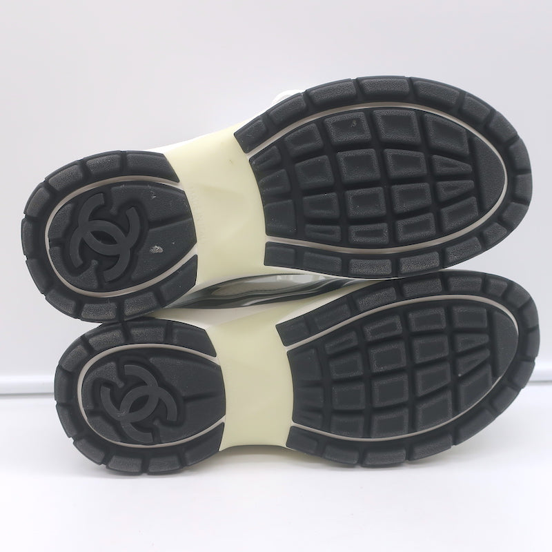 Chanel CC Runner Sneakers Silver Leather &amp; White Mesh Size 36