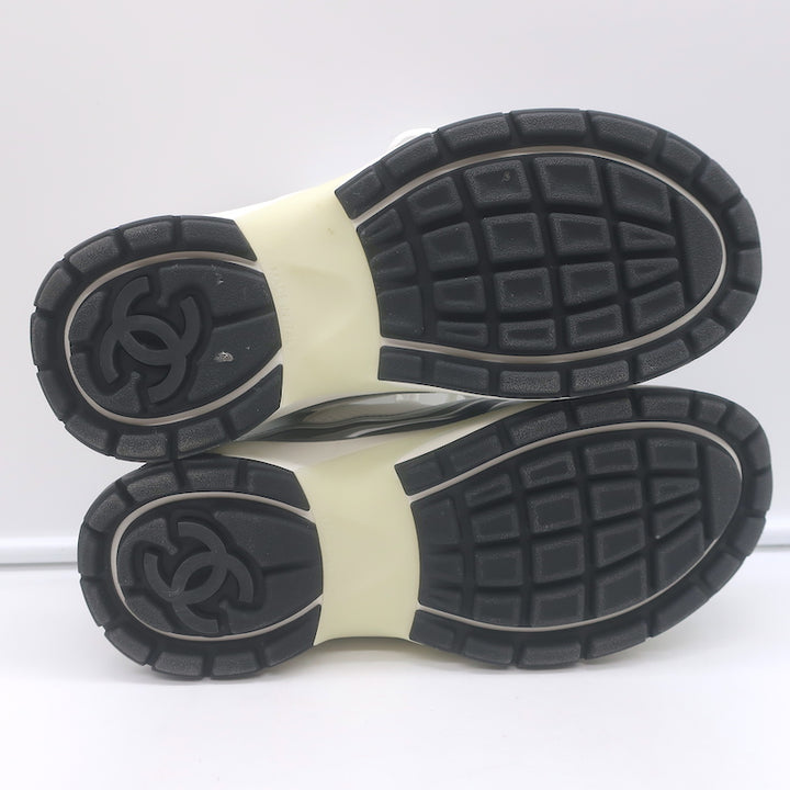 Chanel CC Runner Sneakers Silver Leather &amp; White Mesh Size 36