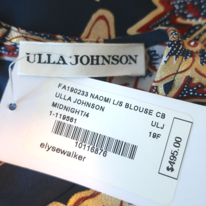 Ulla Johnson Puff Sleeve Blouse Naomi Navy/Gold Metallic Floral Print Size 4 NEW