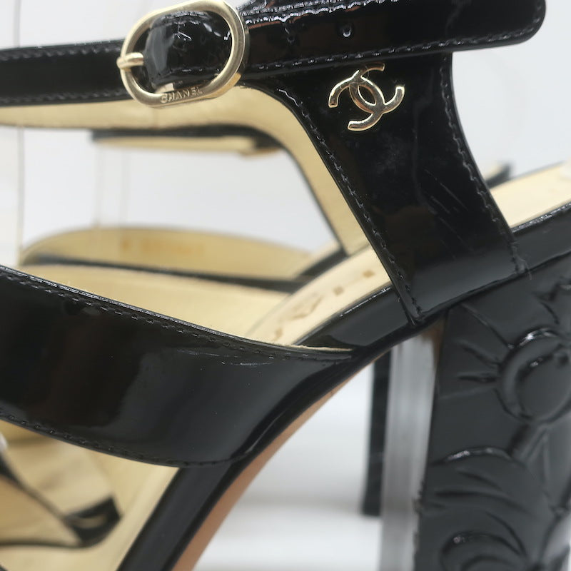Chanel 2016 Floral-Heel Crisscross Sandals Black Patent Leather Size 38.5
