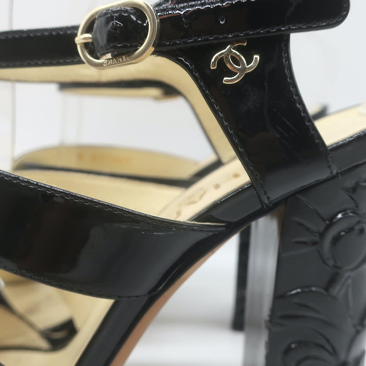 Chanel 2016 Floral-Heel Crisscross Sandals Black Patent Leather Size 38.5