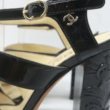 Chanel 2016 Floral-Heel Crisscross Sandals Black Patent Leather Size 38.5