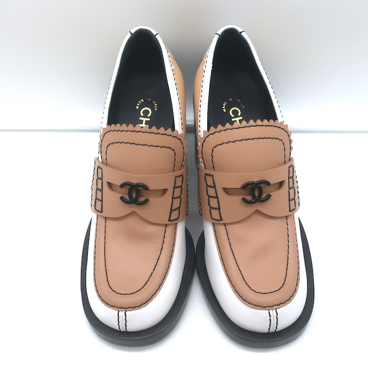 Chanel CC Penny Loafer Pumps Beige &amp; Cream Leather Size 36 NEW