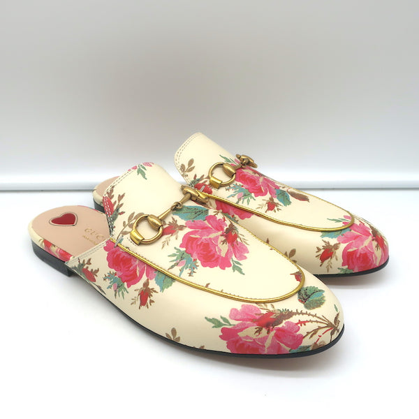 Gucci Princetown Mules Cream Rose Print Leather Size 37.5 Slip-On Flat –  Celebrity Owned