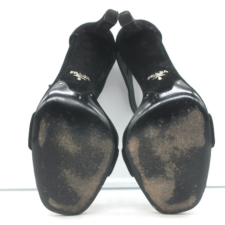 Prada Ankle Strap Sandals Black Suede Size 38.5 Open Toe Heels