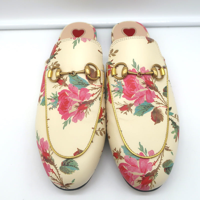 Gucci Princetown Mules Cream Rose Print Leather Size 37.5 Slip-On Flats NEW