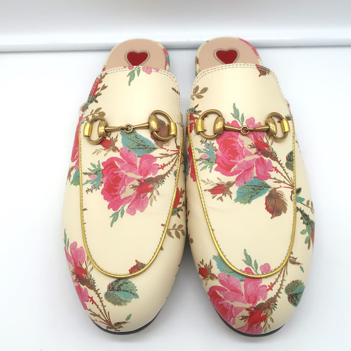 Gucci Princetown Mules Cream Rose Print Leather Size 37.5 Slip-On Flats NEW