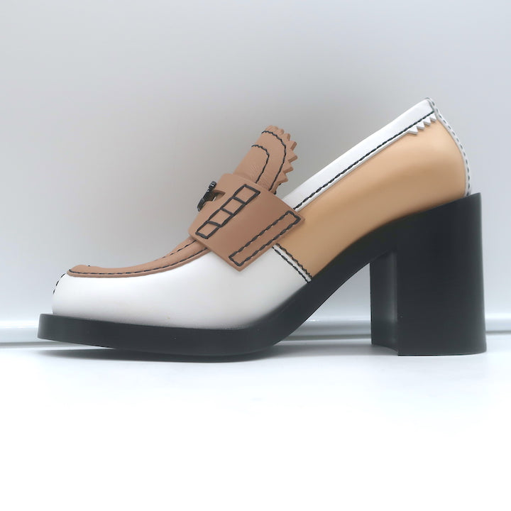 Chanel CC Penny Loafer Pumps Beige &amp; Cream Leather Size 36 NEW