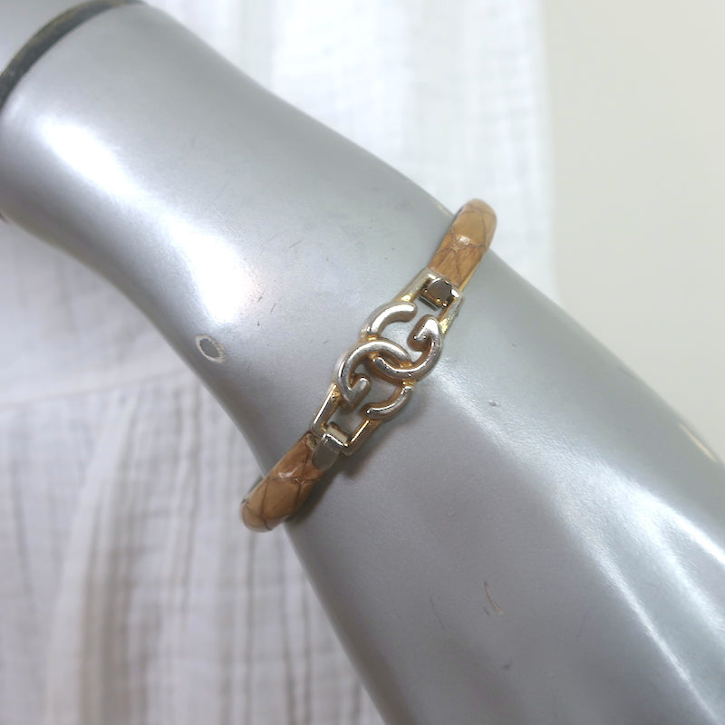 Vintage Gucci GG Bangle Bracelet Tan Snakeskin 24k Gold-Plated