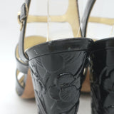 Chanel 2016 Floral-Heel Crisscross Sandals Black Patent Leather Size 38.5