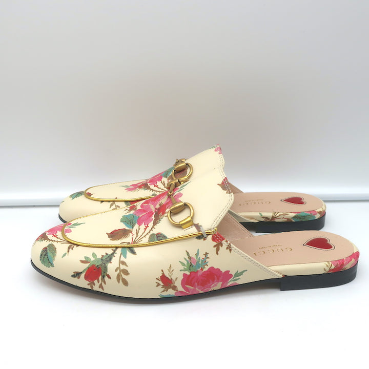 Gucci Princetown Mules Cream Rose Print Leather Size 37.5 Slip-On Flats NEW