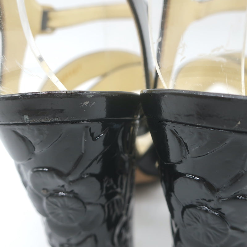 Chanel 2016 Floral-Heel Crisscross Sandals Black Patent Leather Size 38.5