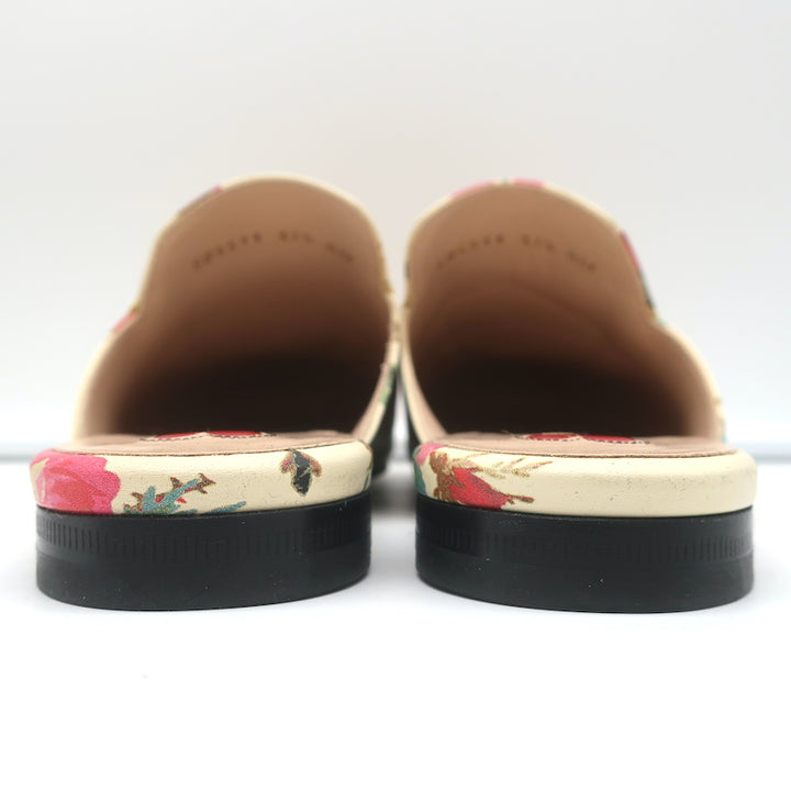 Gucci Princetown Mules Cream Rose Print Leather Size 37.5 Slip-On Flats NEW