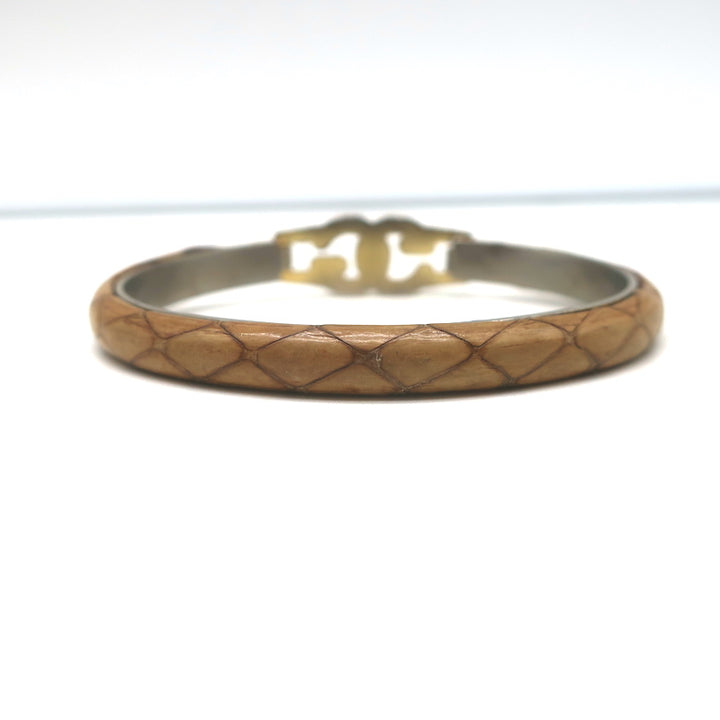 Vintage Gucci GG Bangle Bracelet Tan Snakeskin 24k Gold-Plated