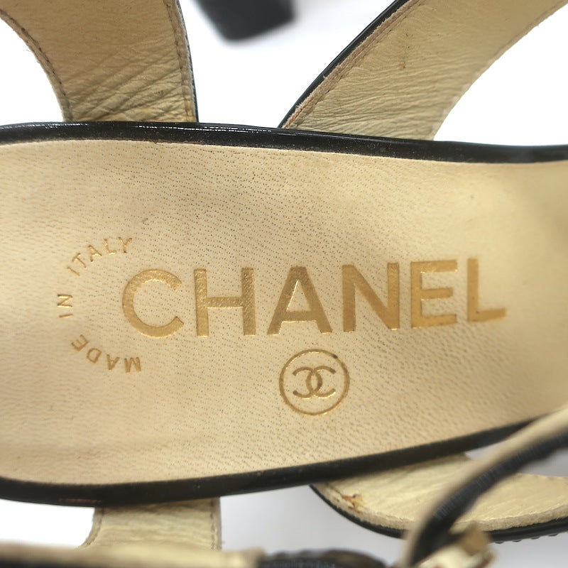 Chanel 2016 Floral-Heel Crisscross Sandals Black Patent Leather Size 38.5