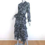 MISA Agnese Tiered Ruffle Midi Dress Gray/Black Floral Print Chiffon Size Small