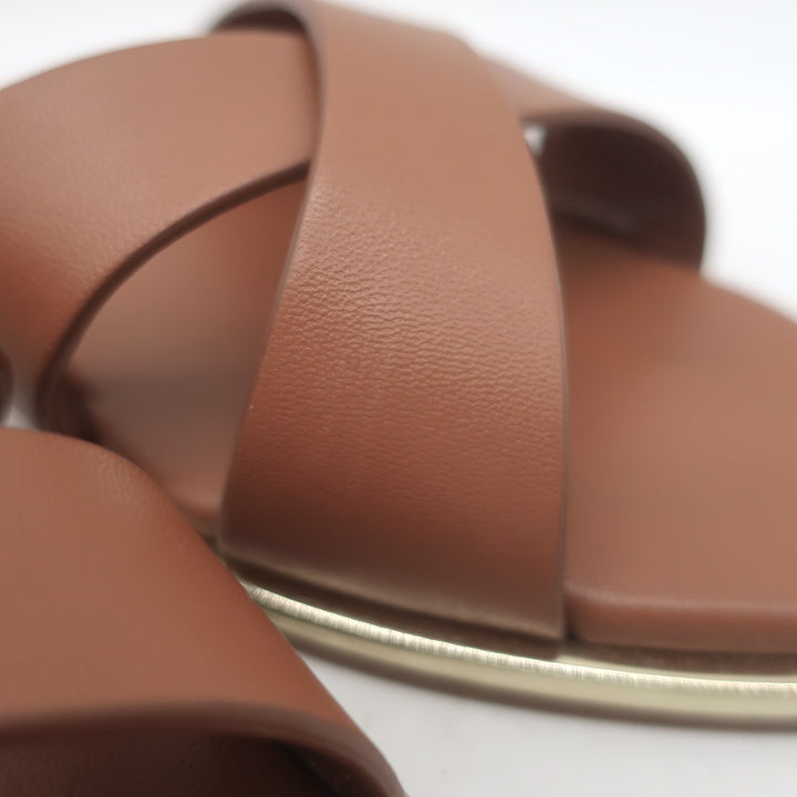 Aquazzura Divine Crisscross Slide Sandals Brown Leather Size 37.5