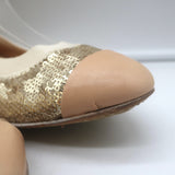 Authentic Chanel pre-owned cap-toe sequin scrunch ballet flats in gold and beige leather