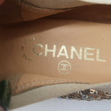 Authentic pre-owned Chanel cap-toe sequin scrunch ballet flats in gold and beige leather