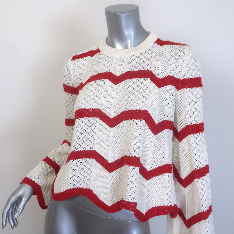 La DoubleJ Chevron Crop Sweater Cream/Red Pointelle Knit Cotton Size Small