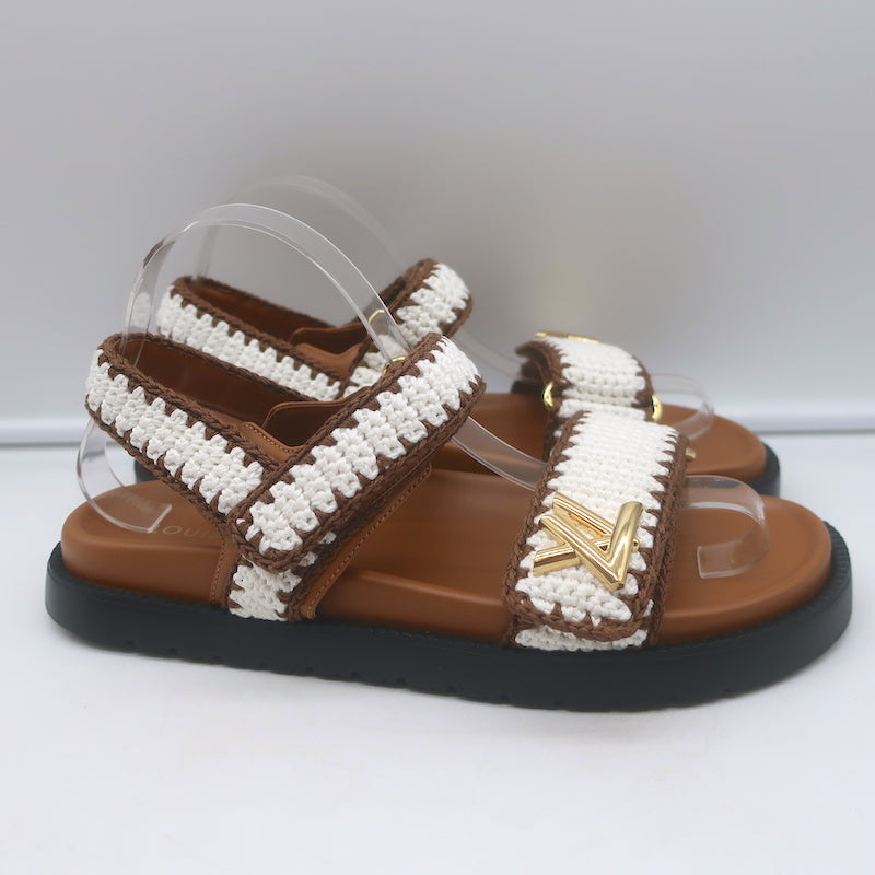 Louis Vuitton LV Sunset crocheted slingback sandals in cream and brown, pre-owned authentic luxury