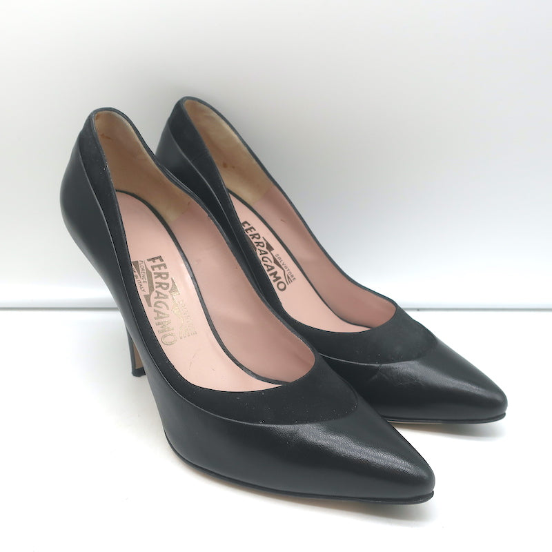Salvatore Ferragamo Pumps Black Suede-Trimmed Leather Size 8 Pointed T – Celebrity Owned Salvatore Ferragamo Pumps Black Suede-Trimmed Leather Size 8 Pointed T – Celebrity Owned