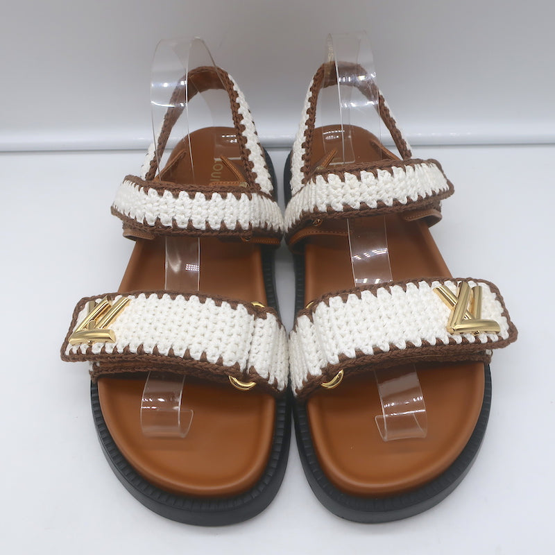Louis Vuitton LV Sunset crocheted slingback sandals in cream and brown — luxury pre-owned women&