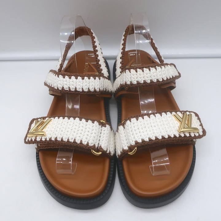 Louis Vuitton LV Sunset crocheted slingback sandals in cream and brown — luxury pre-owned women&