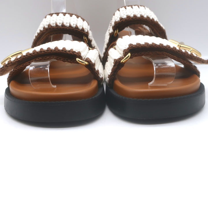 Authentic Louis Vuitton LV Sunset crocheted slingback sandals in cream and brown, pre-owned like-new