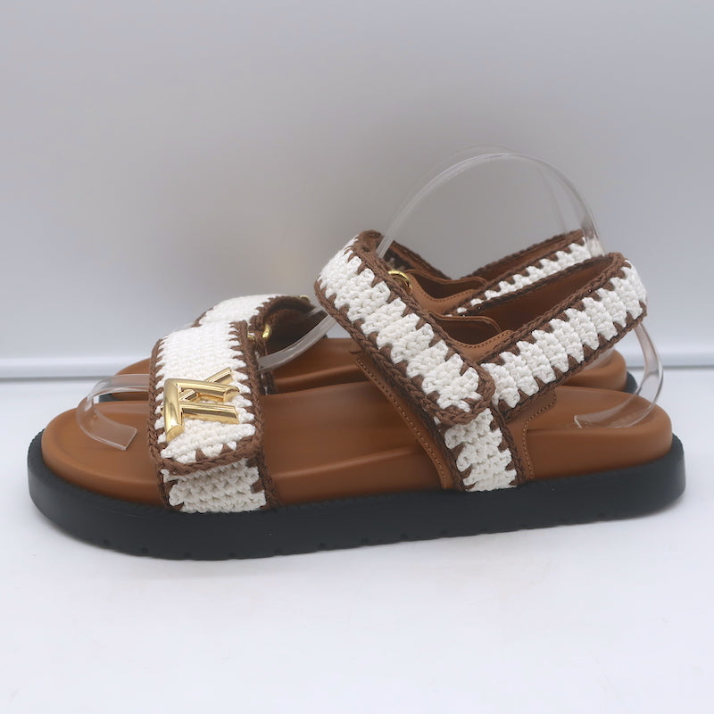 Louis Vuitton LV Sunset crocheted cream and brown slingback sandals, pre-owned, authentic luxury