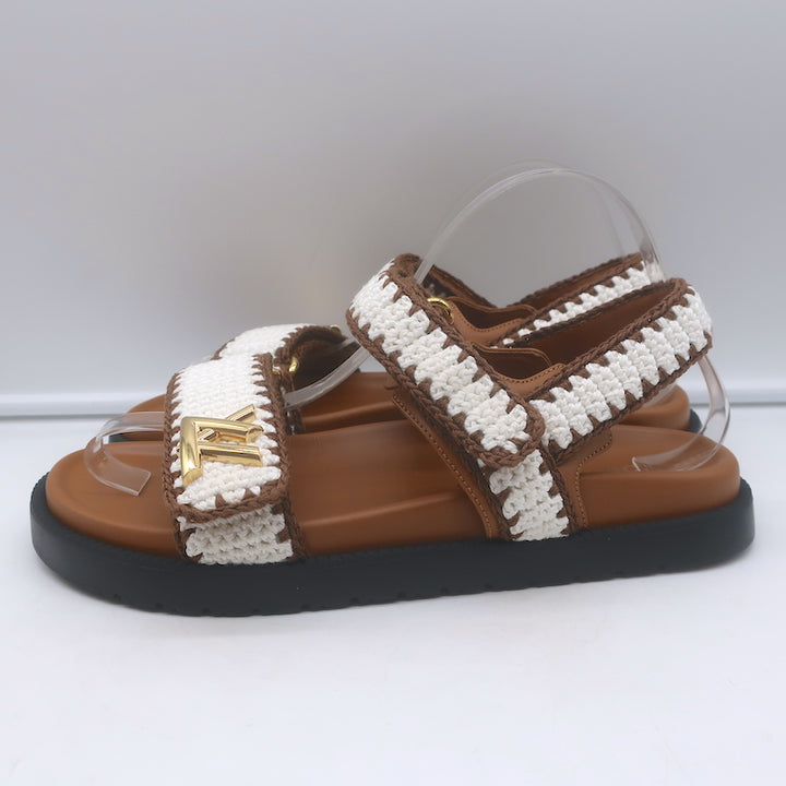 Louis Vuitton LV Sunset crocheted cream and brown slingback sandals, pre-owned, authentic luxury