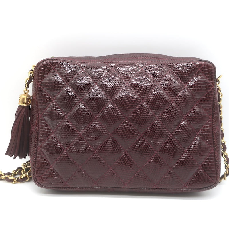 Vintage Chanel 1987 Quilted Lizard Skin Tassel Camera Bag Burgundy Crossbody