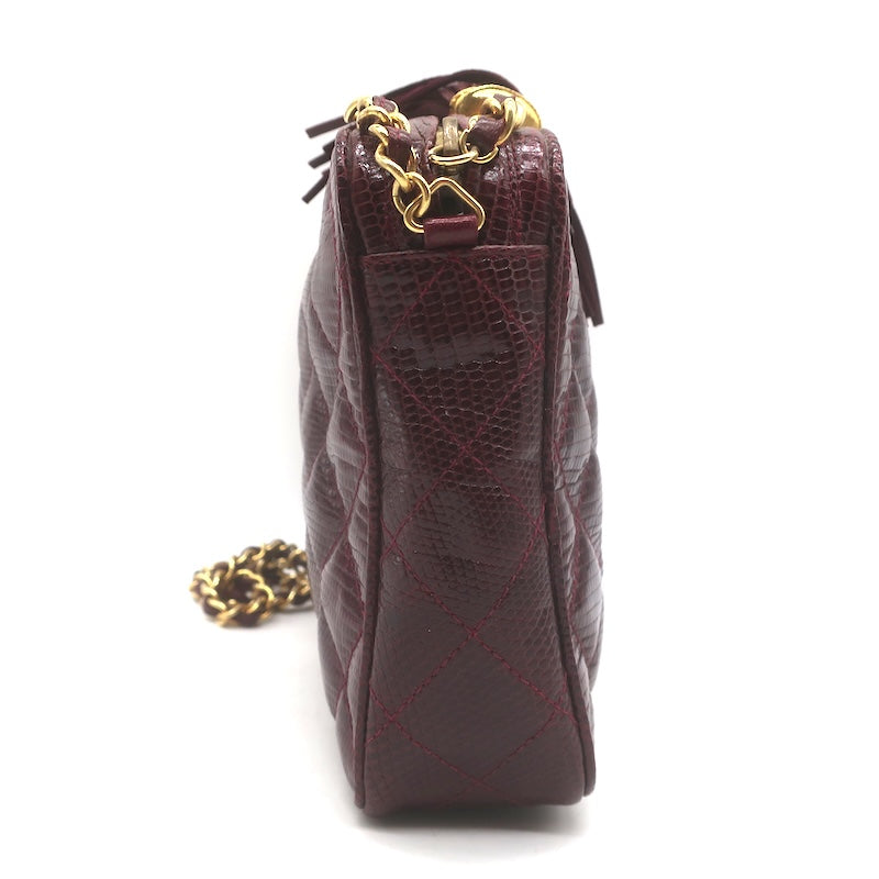Vintage Chanel 1987 Quilted Lizard Skin Tassel Camera Bag Burgundy Crossbody