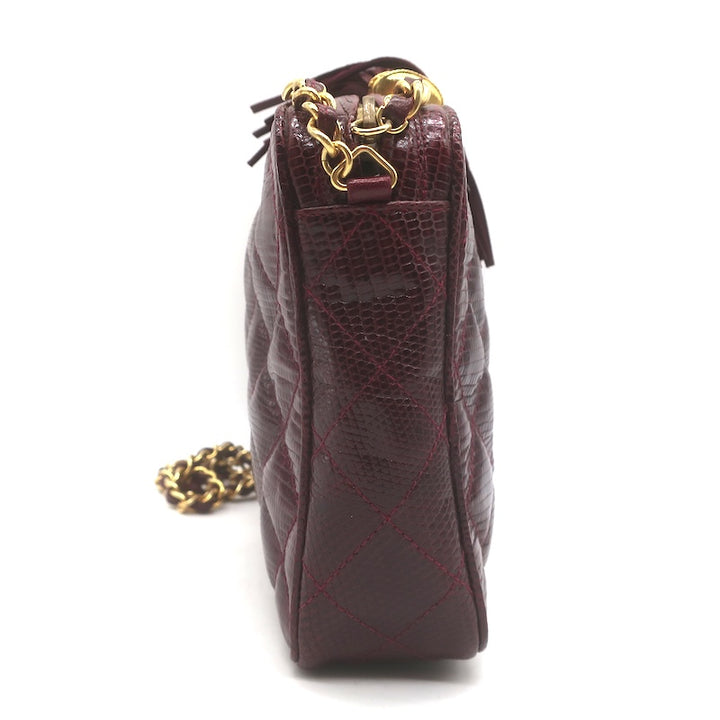 Vintage Chanel 1987 Quilted Lizard Skin Tassel Camera Bag Burgundy Crossbody
