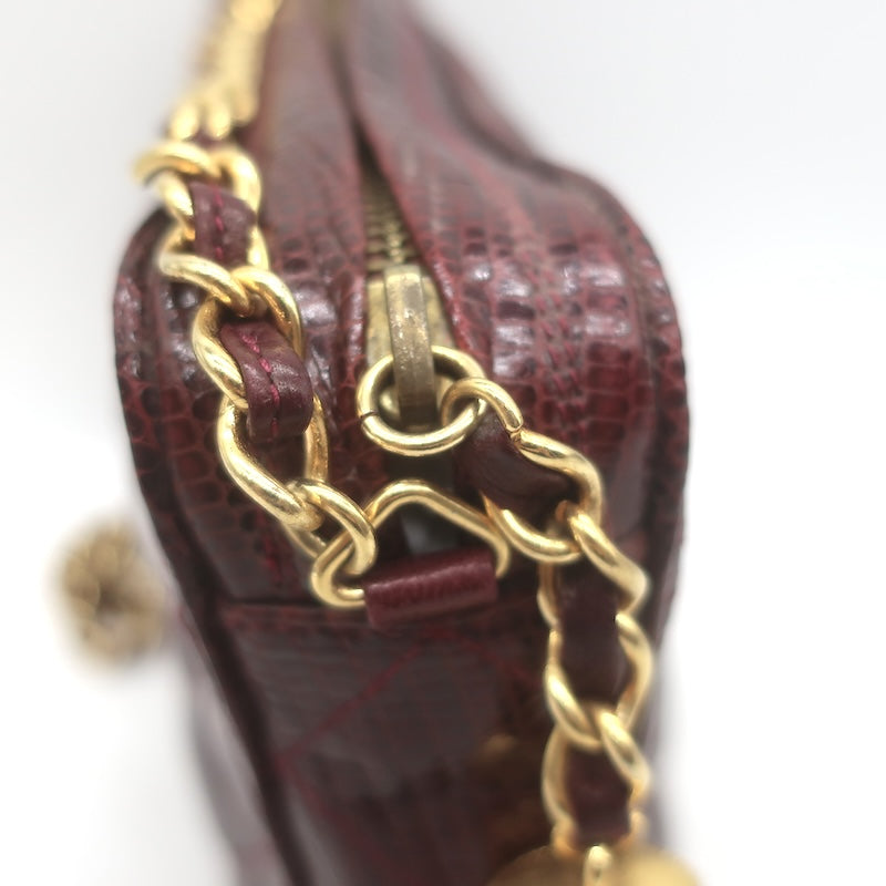 Vintage Chanel 1987 Quilted Lizard Skin Tassel Camera Bag Burgundy Crossbody