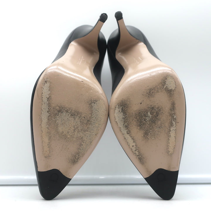 Salvatore Ferragamo Pumps Black Suede-Trimmed Leather Size 8 Pointed Toe Heels
