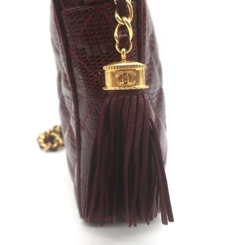 Vintage Chanel 1987 Quilted Lizard Skin Tassel Camera Bag Burgundy Crossbody
